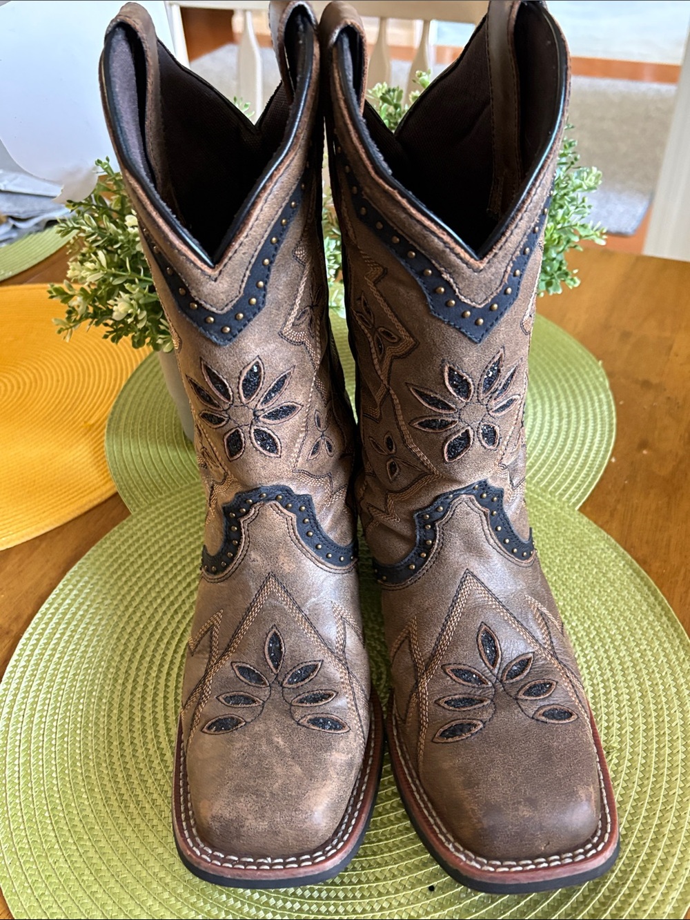 Laredo Brown and Black Floral Cutout Western Lace Up Boots